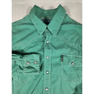 Cinch Modern Fit Mens Green Geometric Western Pearl Snap Long Sleeve Shirt M